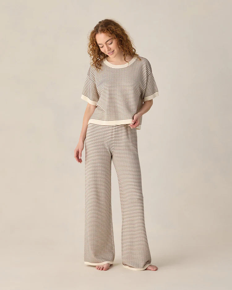 Women's Boxy Crop Knit Tee Chocolate Stripe by Rylee & Cru - brown and cream 100% cotton pointelle knit