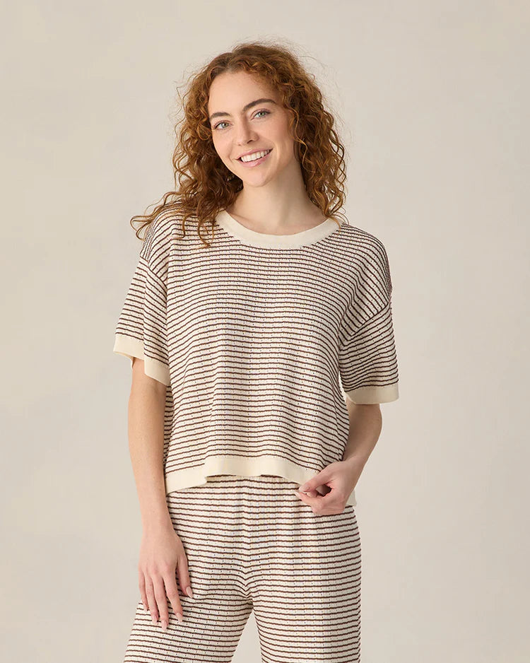 Women's Boxy Crop Knit Tee Chocolate Stripe by Rylee & Cru
