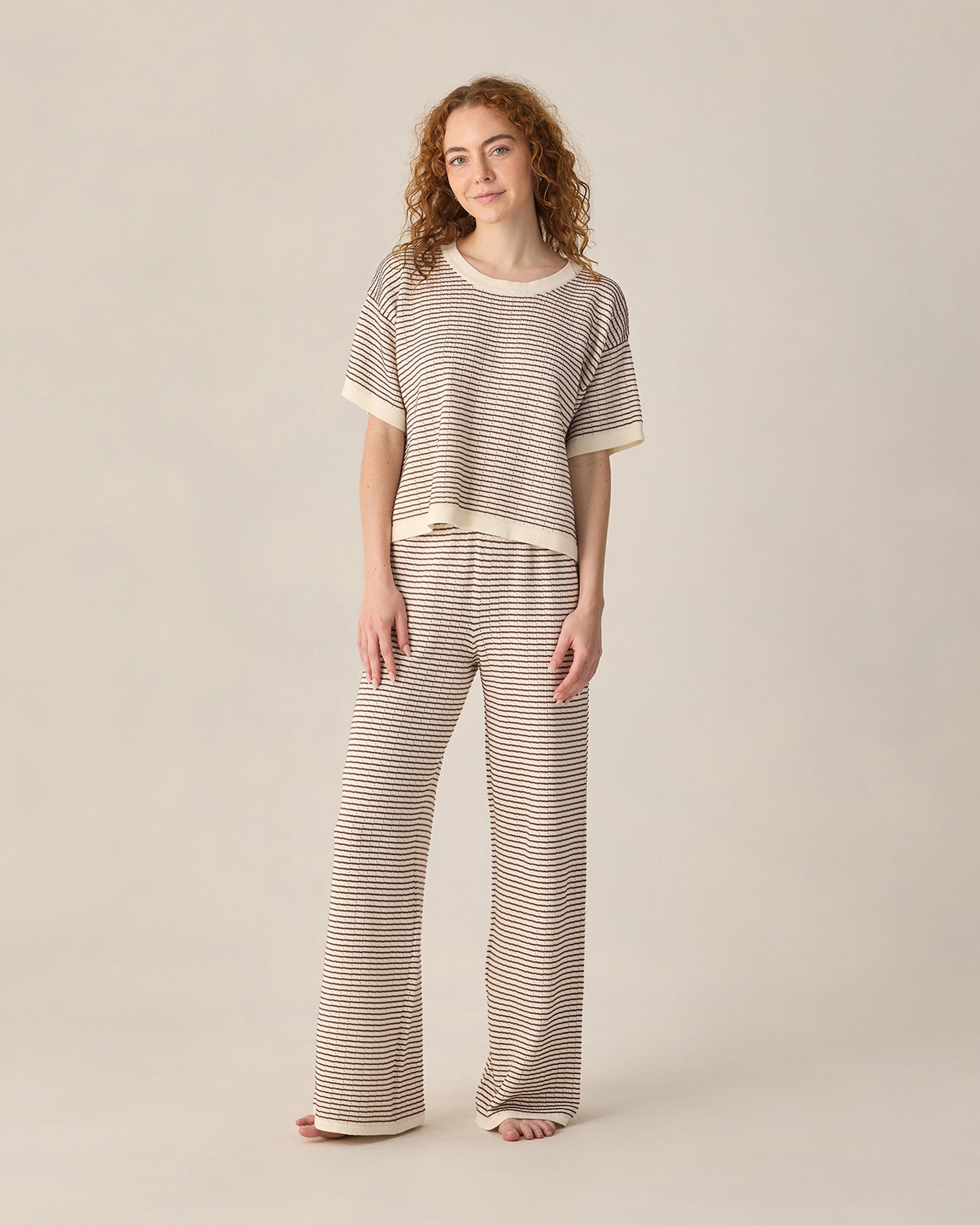 womens knit pants 100% cotton brown and white stripe by Rylee & Cru