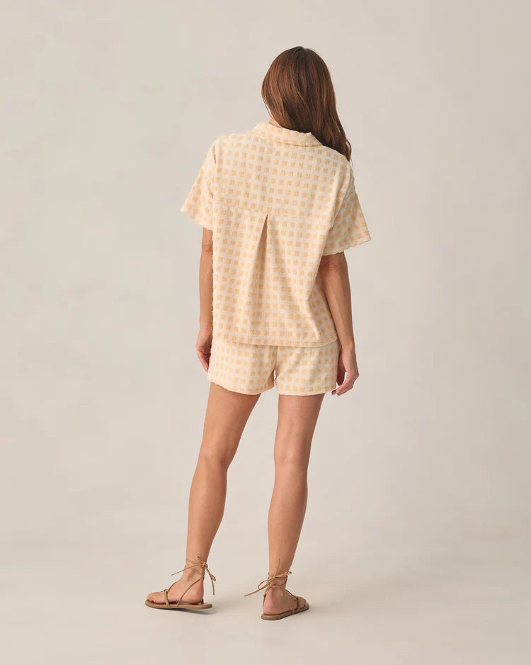 back of lady wearing Women's Terry Cover Up Set Butterscotch Grid by Rylee & Cru