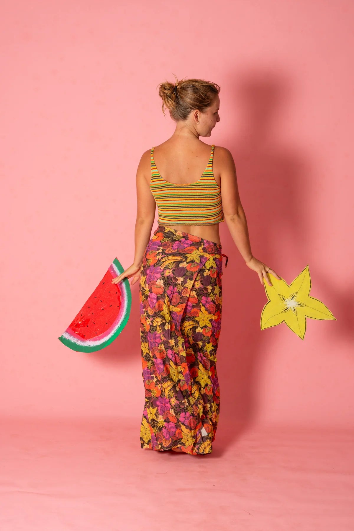 back view of Wrap skirt in fruity by Atmosea