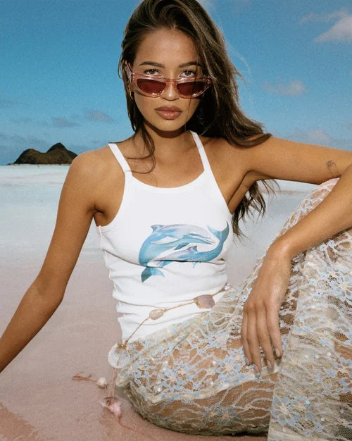 model wearing Yin Yang Dolphin Singlet by Sea Street