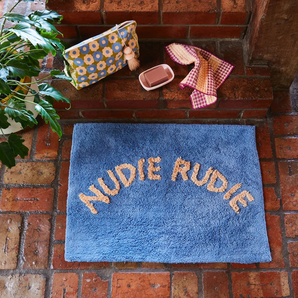 Tula Nudie Rudie bath mat by sage and clare, in blue cornflower colour